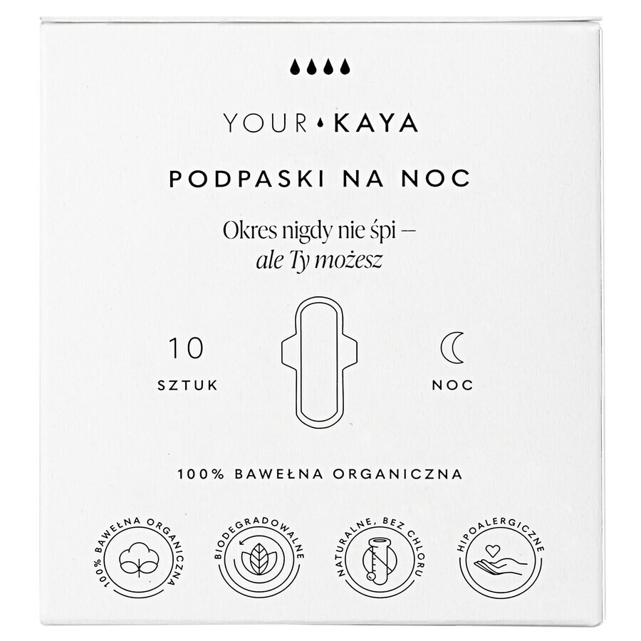 Your KAYA, serviettes hygiéniques en coton biologique, avec ailettes, pour la nuit, 10 pièces