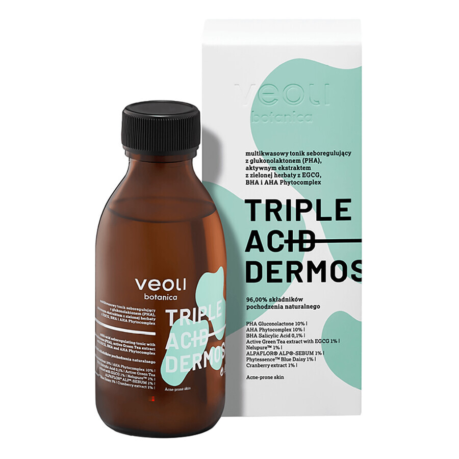 Veoli Botanica Triple Acid Dermosolution, multiacid seboregulator tonic with gluconolactone (PHA), active green tea extract with EGCG, BHA and AHA Phytocomplex, 150 ml