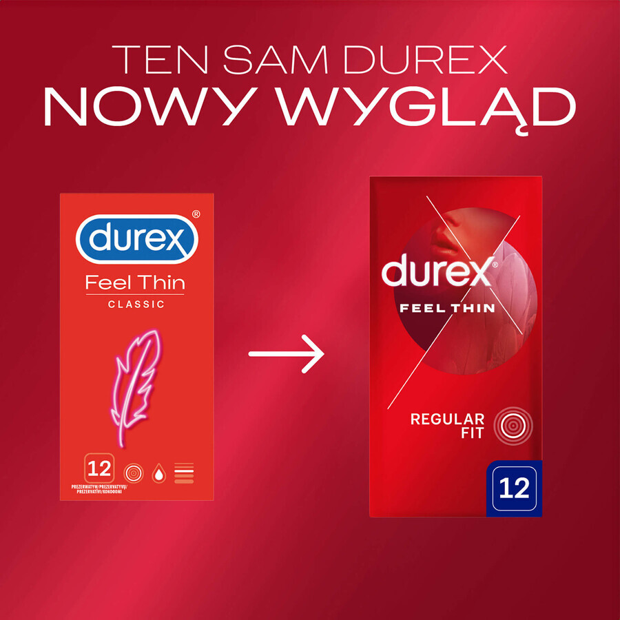 Durex Feel Thin Classic condoms with more lubricant, thin, 12 pieces