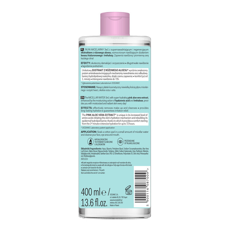 AA Aloes Pink, fluido micelar 3 en 1, todo tipo de pieles, 400 ml