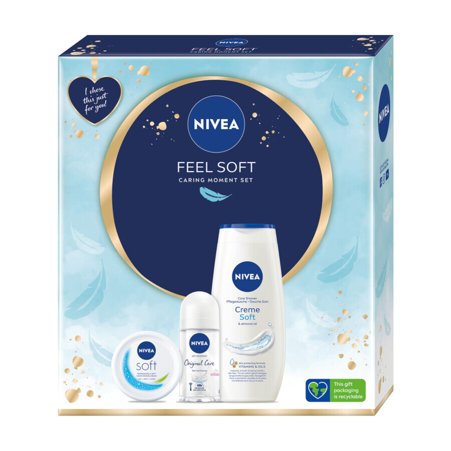 Set Nivea Feel Soft, crema idratante intensiva per viso, corpo e mani, 100 ml + Original Care, roll-on antitraspirante, 48h, 50 ml + Creme Soft, gel doccia, 250 ml 