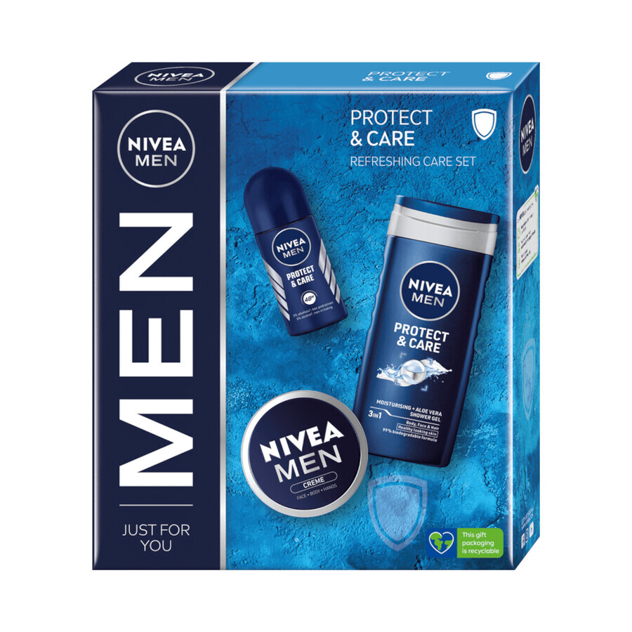 Set Nivea Men Protect &amp; Care, 3 in 1 shower gel for face, body and hair, 250 ml + antiperspirant roll-on, 48h, 50 ml + cream for face, body and hands, 75 ml