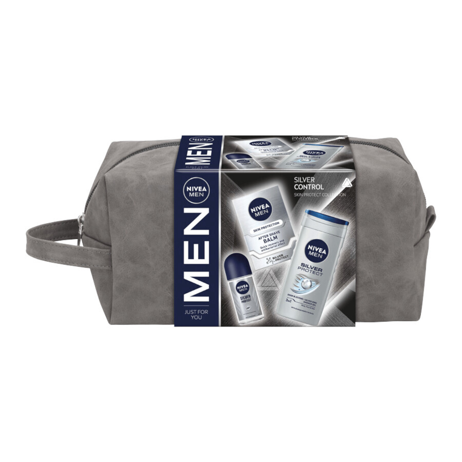 Nivea Men Silver Control kit, aftershave balm, antibacterial, 100 ml + antiperspirant roll-on, 48h, 50 ml + 3 in 1 shower gel for face, body and hair, 250 ml