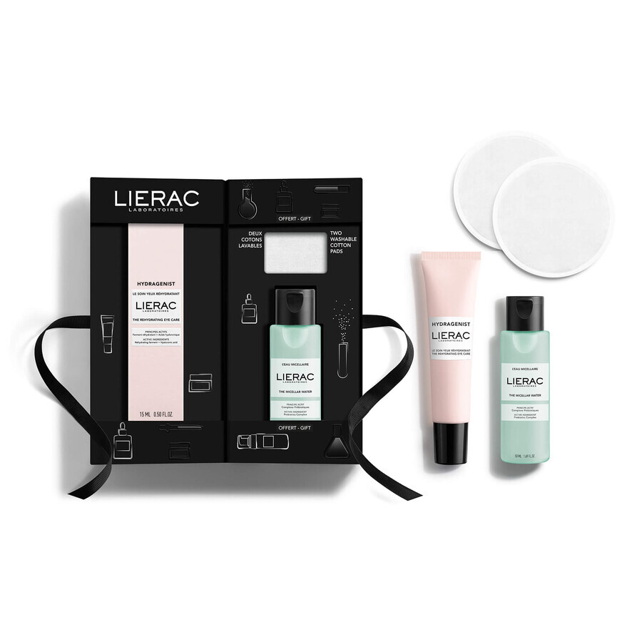 Lierac Hydragenist set, crème pour les yeux, 15 ml + eau micellaire, 50 ml + tampons cosmétiques, 2 pièces en cadeau