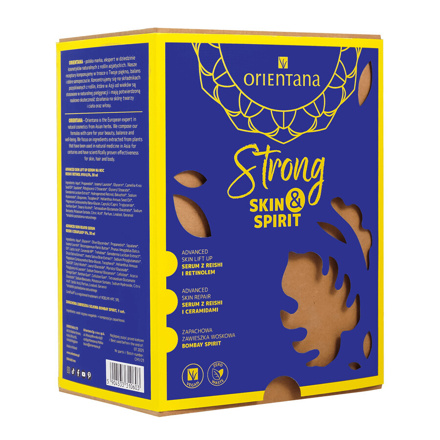 Orientana Strong Skin&Spirit set, sérum con reishi y retinol, 30 ml + sérum con reishi y ceramidas, 30 ml + colgante de fragancia, Bombay Spirit