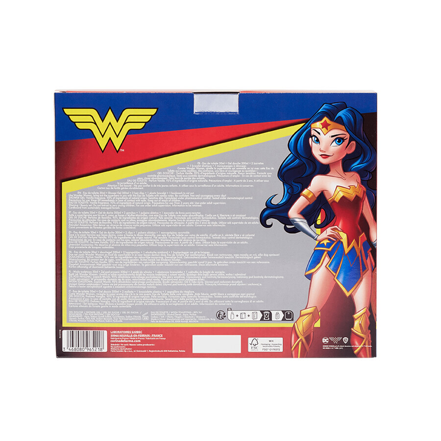 Corine De Farme Disney Wonder Woman set, eau de toilette, 30 ml + gel douche, 300 ml + pinces à cheveux, 2 pièces + bracelet, 1 pièce