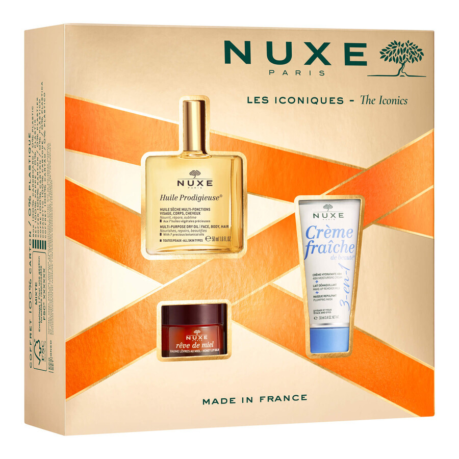 Coffret Nuxe Huile Prodigieuse, huile sèche, 50 ml + Rêve de Miel, baume à lèvres, 15 g + Crème Fraiche de beauté, crème hydratante, 30 ml