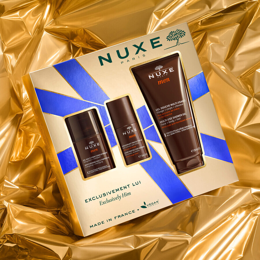 Nuxe Men Set, multifunktionales Feuchtigkeitsgel für das Gesicht, 50 ml + Deoroller, 50 ml + Duschgel, 200 ml