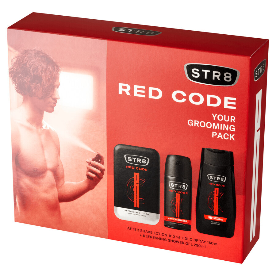 Set STR8 Red Code, aftershave, 100 ml + deodorant spray, 150 ml + gel de duș, 250 ml