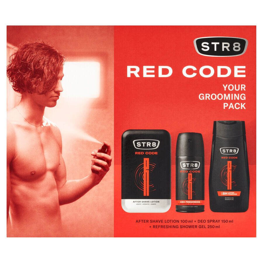 Set STR8 Red Code, aftershave, 100 ml + deodorant spray, 150 ml + gel de duș, 250 ml