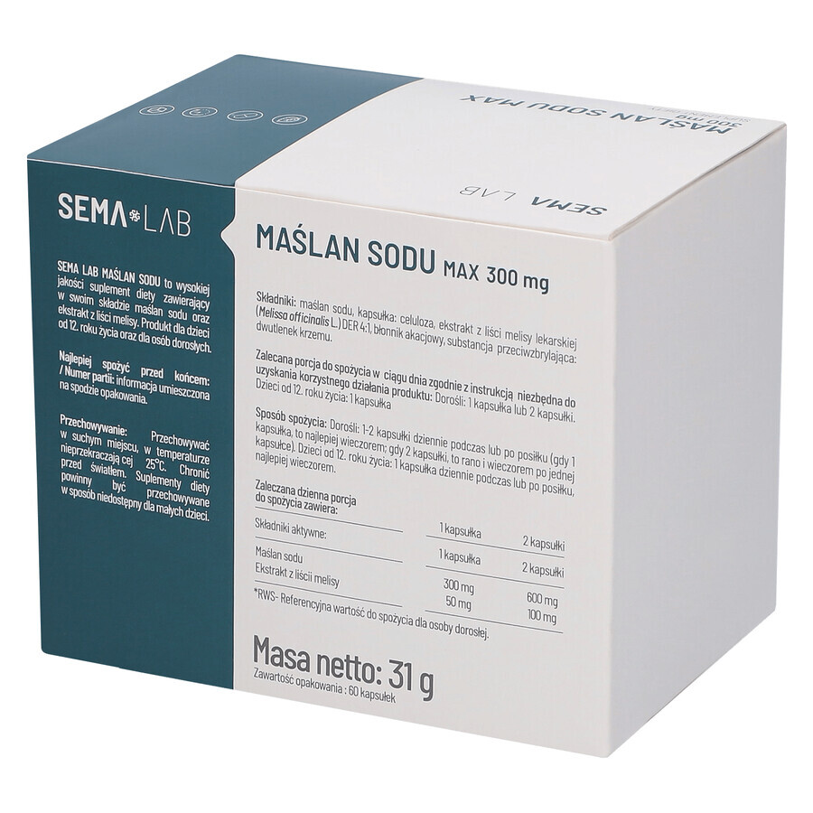 SEMA Lab Butyrate de sodium Max 300 mg, 60 gélules à libération retardée