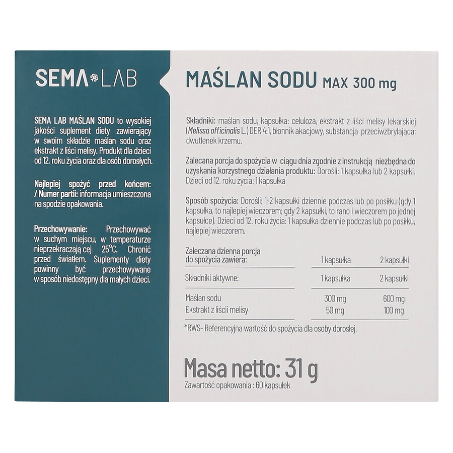 SEMA Lab Butyrate de sodium Max 300 mg, 60 gélules à libération retardée