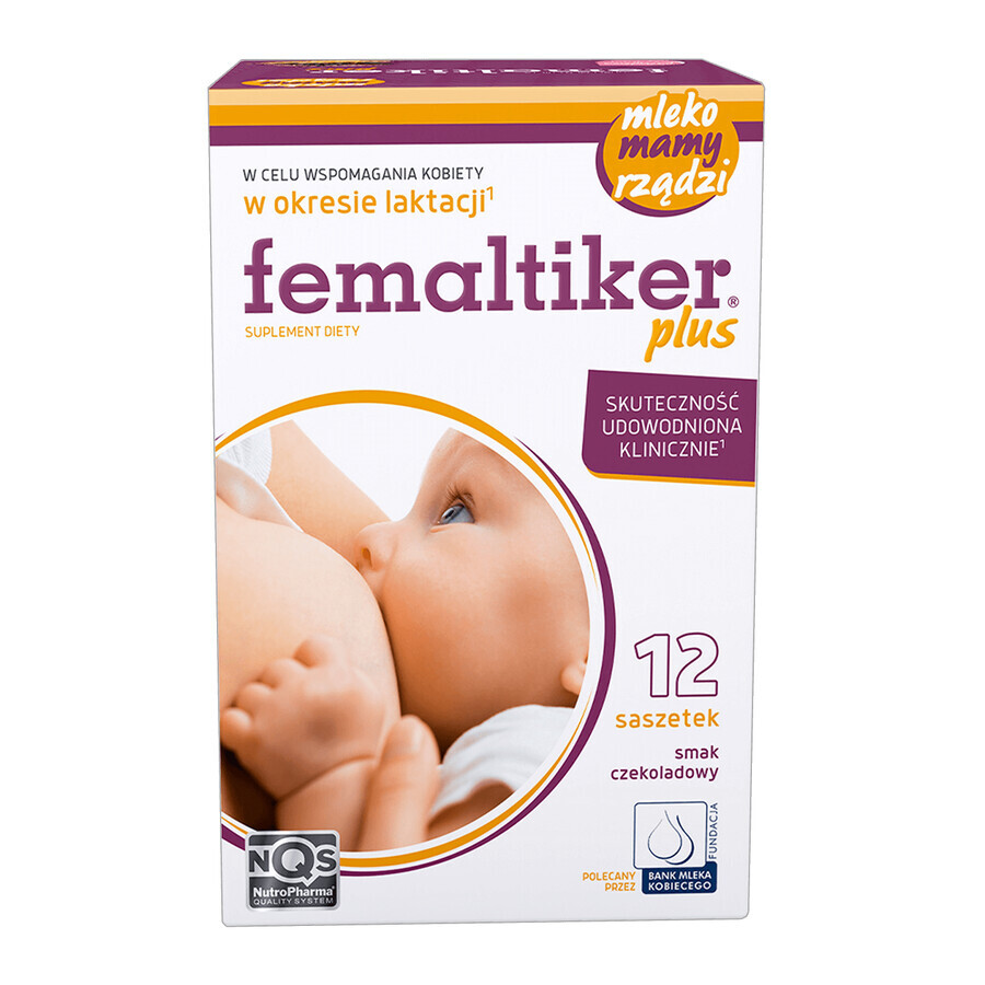 Set Femaltiker Plus, goût chocolat, 3 x 12 sachets + Milanella, gel de soin pour la peau des seins, 75 ml