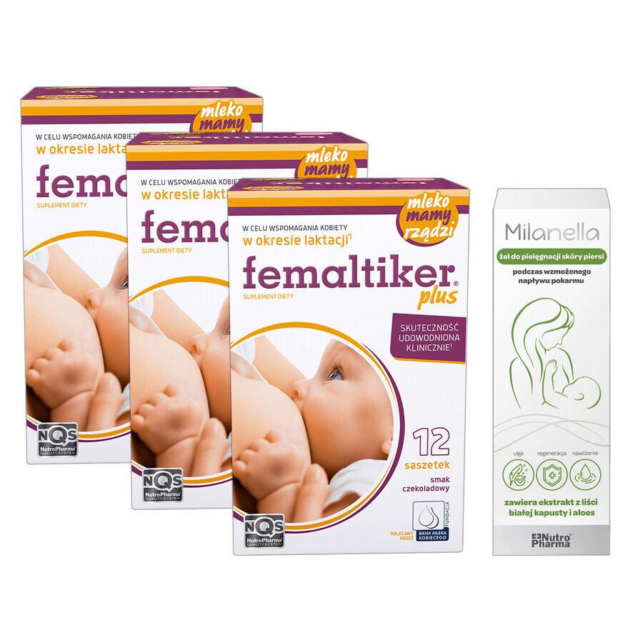 Set Femaltiker Plus, goût chocolat, 3 x 12 sachets + Milanella, gel de soin pour la peau des seins, 75 ml