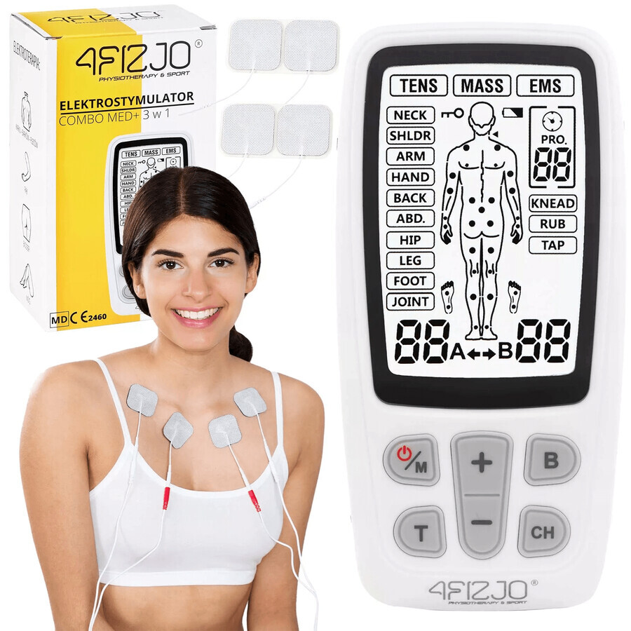 4Fizjo Combo Med+, électrostimulateur 3-en-1 TENS, EMS, MASS, fonctionnant sur batterie