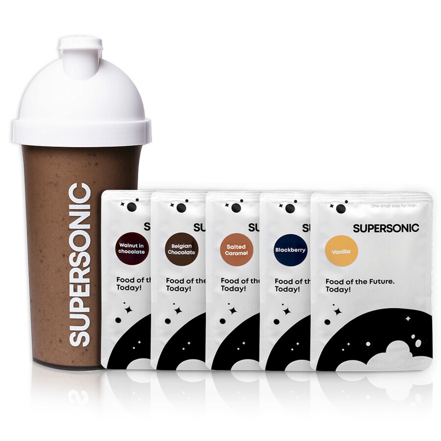 Supersonic Food Powder Smart Starter Pack, saveurs mélangées, 5 x 100 g + shaker, 700 ml