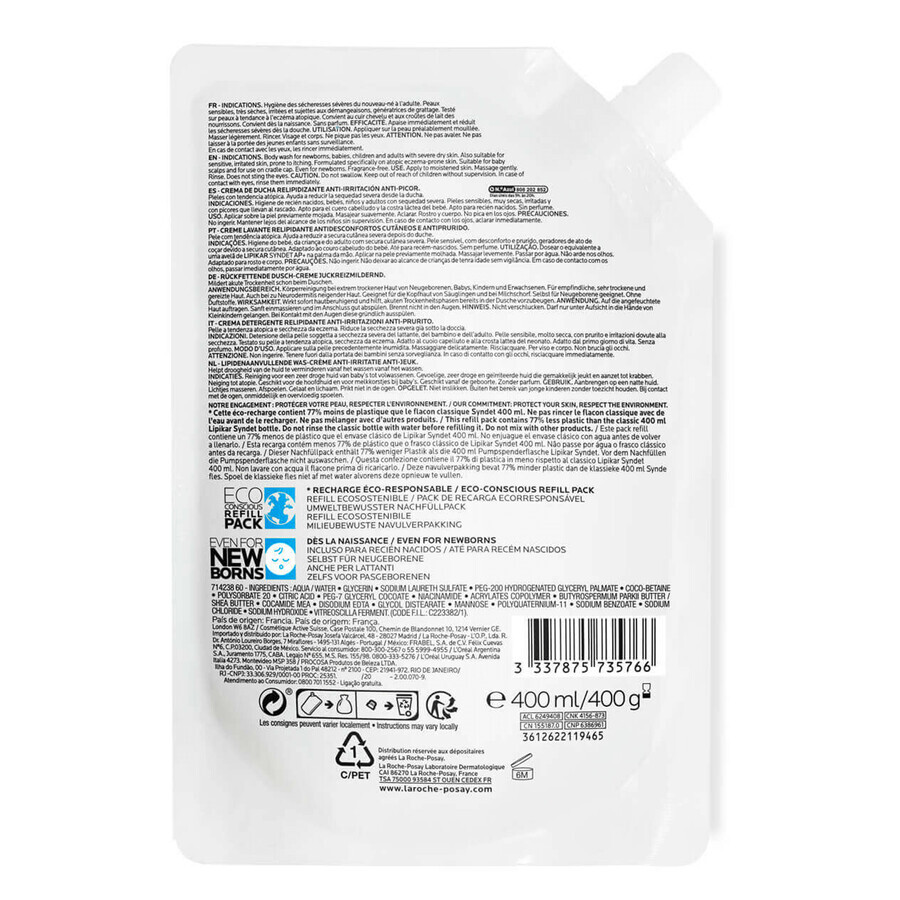 La Roche-Posay Lipikar Syndet AP+, crème lavante corporelle relipidante, dès la naissance, stock, 400 ml