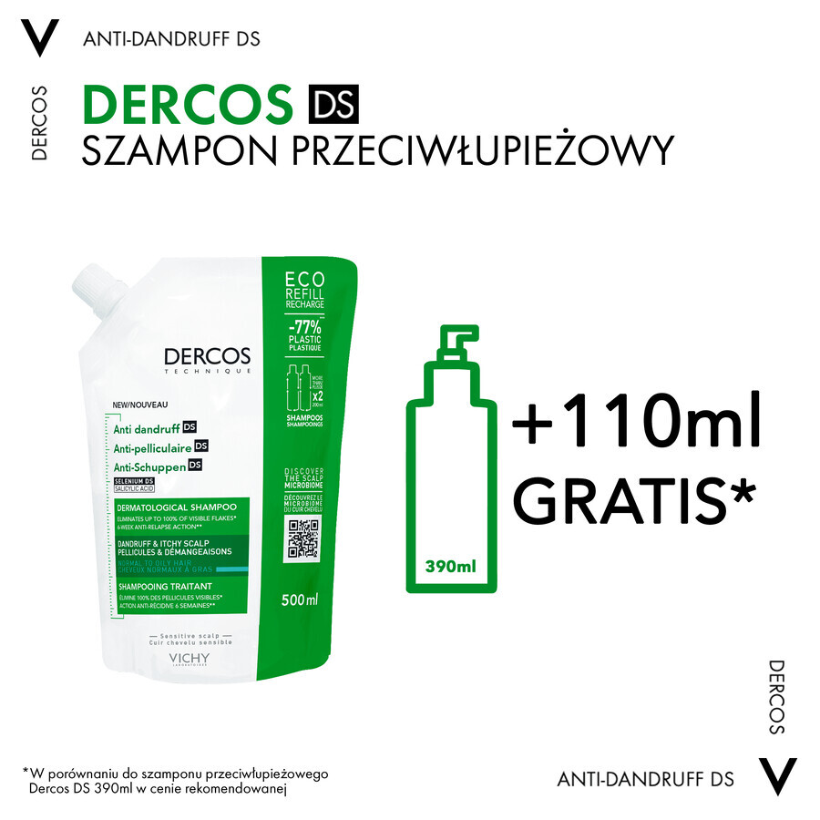 Vichy Dercos Anti Dandruff DS, shampooing anti-pelliculaire, cheveux normaux et gras, spare, 500 ml