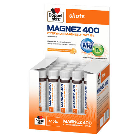 Doppelherz Shots Magnesium 400, liquid, orange and lemon flavor, 25 ml x 20 ampoules