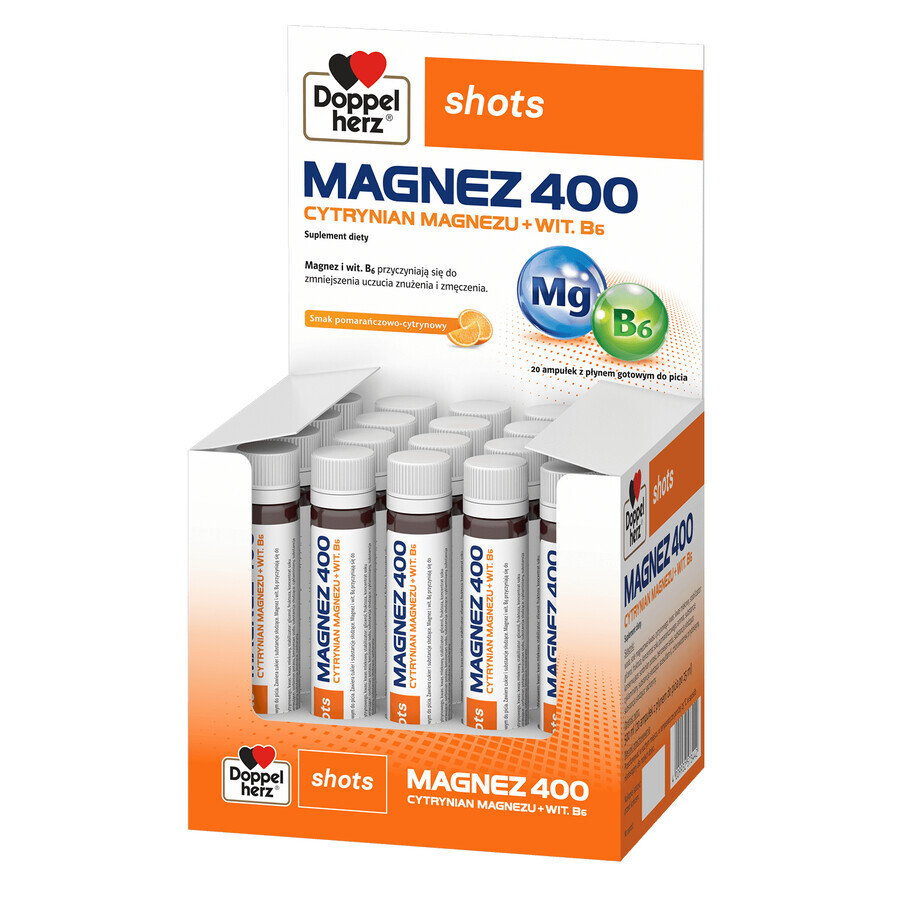 Doppelherz Shots Magnesium 400, liquid, orange and lemon flavor, 25 ml x 20 ampoules