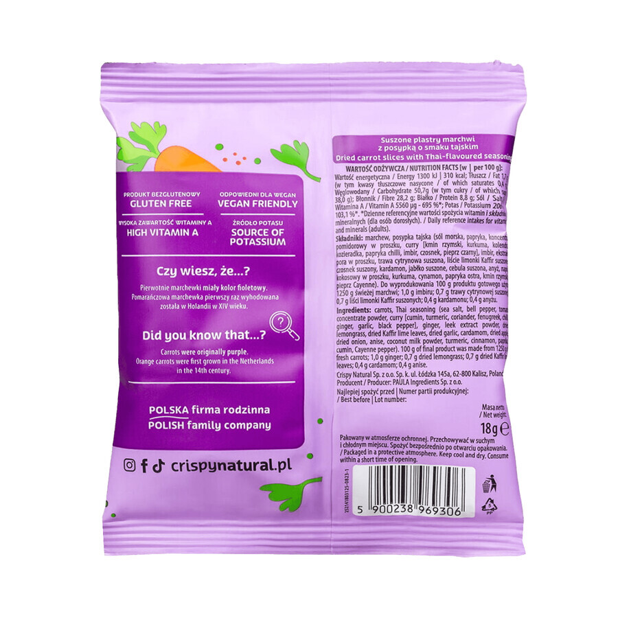 Crispy Natural, fettine di carota essiccate con zuccherini, gusto Thai, 18 g