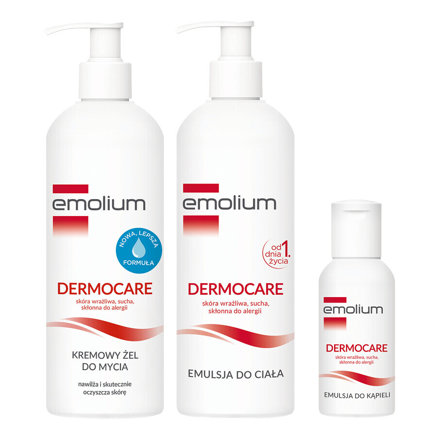 Set Emolium Dermocare, emulsión corporal, 400 ml + gel limpiador cremoso, 400 ml + emulsión de baño, 50 ml gratis