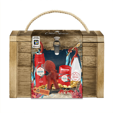 Set Old Spice Treasure Chest, deodorant, stick, Deep Sea, 50 ml + gel de duș, Deep Sea, 250 ml + aftershave, Captain, 100 ml + cutie