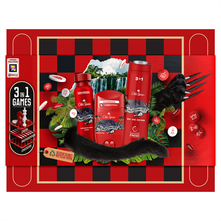 Old Spice Gamebox set, déodorant, stick, Night Panther, 50 ml + déodorant, spray, 150 ml + gel douche, 250 ml + jeu de société, 3 pièces