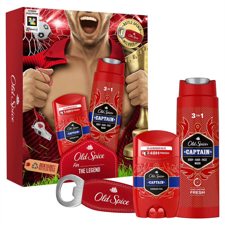 Old Spice Footballer set, déodorant en stick, Captain, 50 ml + gel douche 3-en-1, Captain, 250 ml + décapsuleur