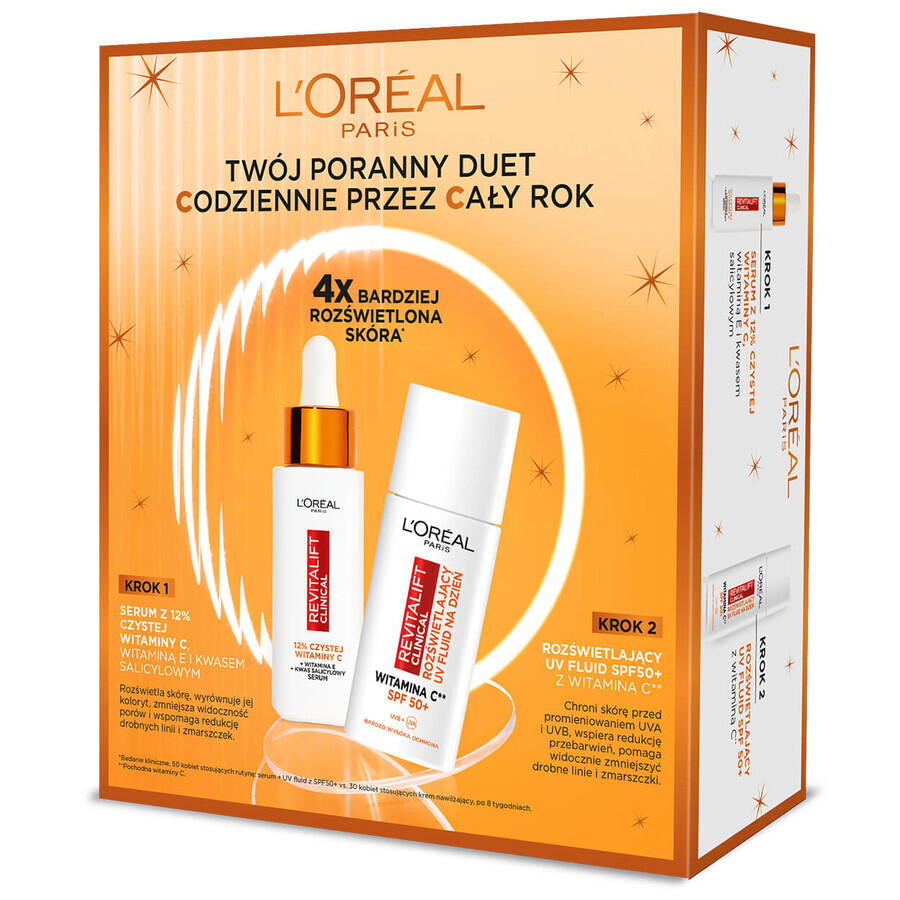 L'Oreal Revitalift Clinical kit, sérum illuminant pour le visage, 12% de vitamine C pure, 30 ml + fluide illuminant, SPF 50+, 50 ml