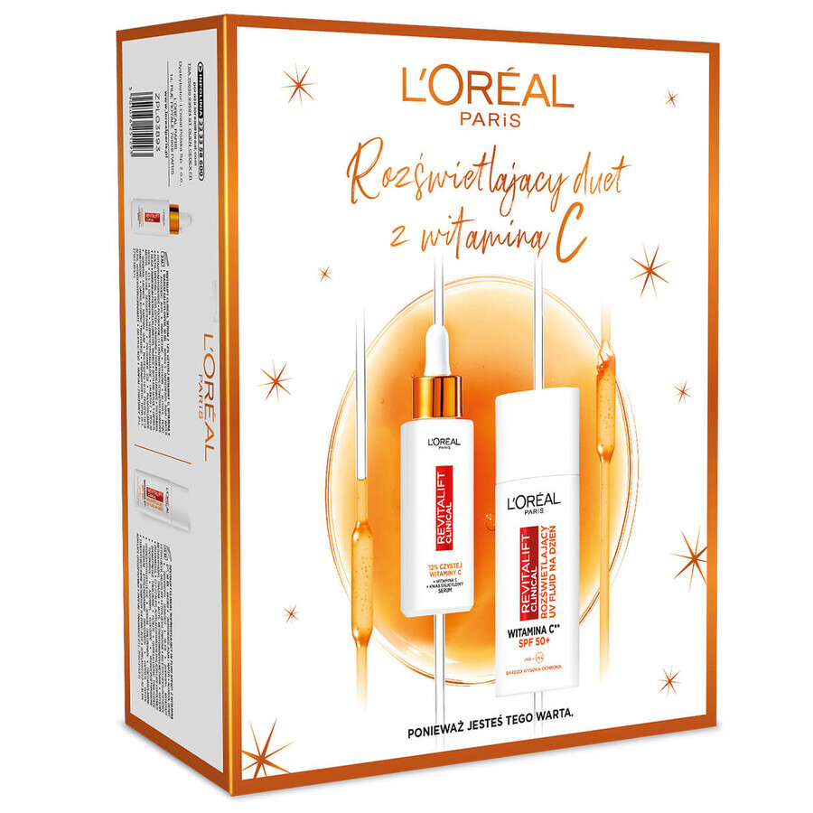 L'Oreal Revitalift Clinical kit, sérum illuminant pour le visage, 12% de vitamine C pure, 30 ml + fluide illuminant, SPF 50+, 50 ml