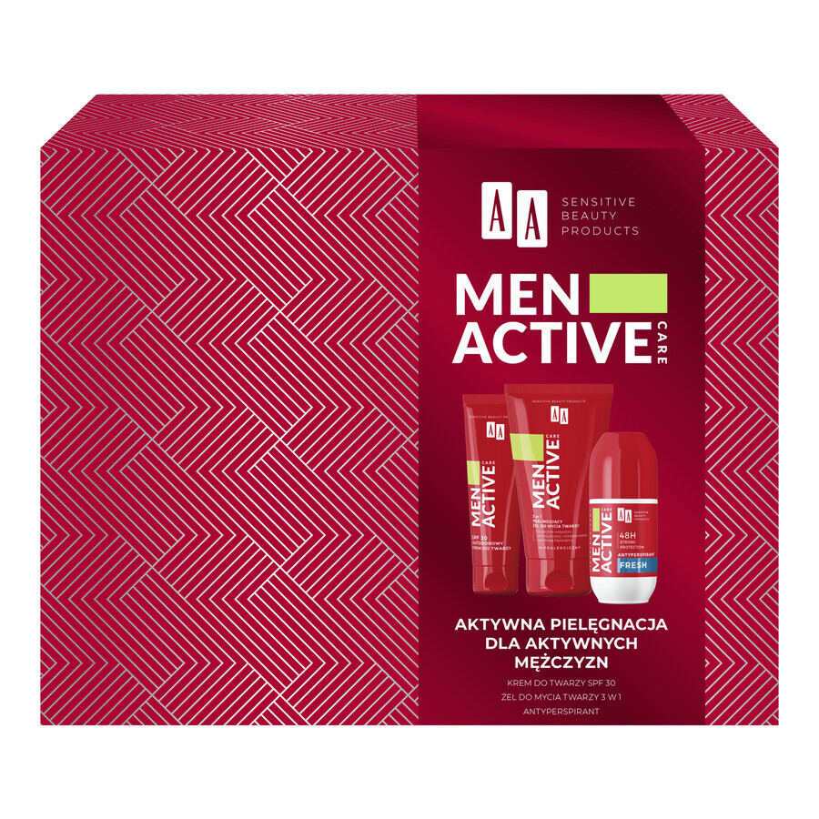 Set AA Men Active Care Programa Active Care, crema facial, SPF 30, 50 ml + gel lavacara, 150 ml + roll on antitranspirante, Fresh, 50 ml