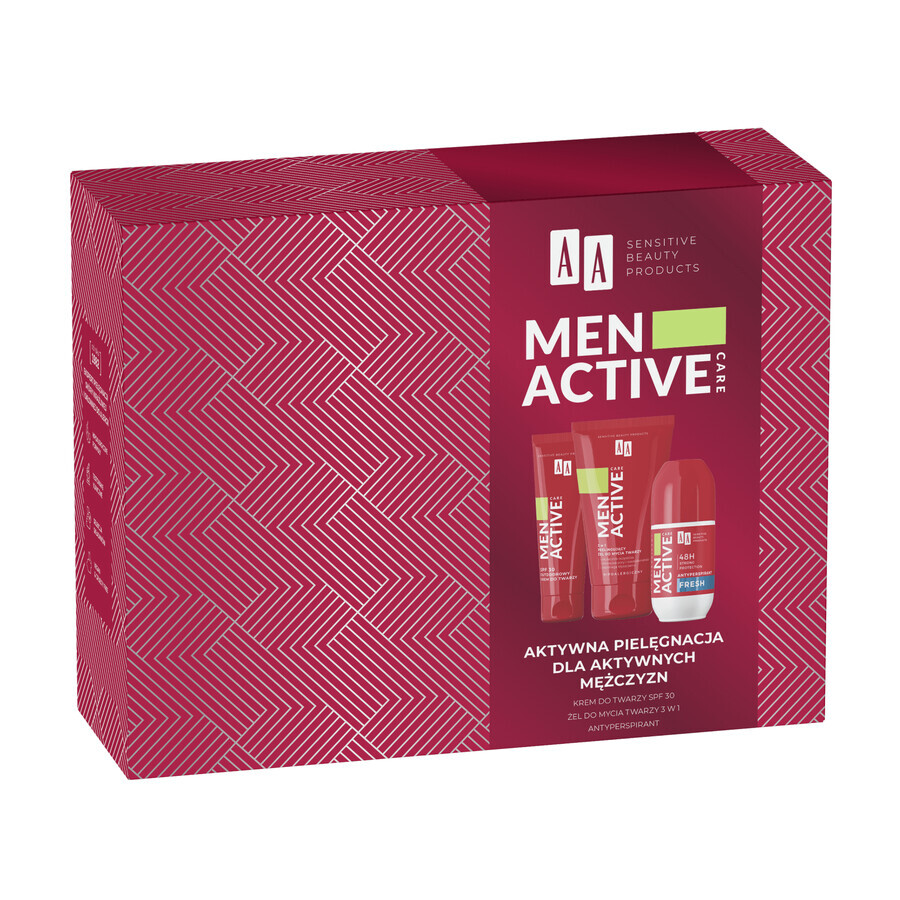 Set AA Men Active Care Programa Active Care, crema facial, SPF 30, 50 ml + gel lavacara, 150 ml + roll on antitranspirante, Fresh, 50 ml