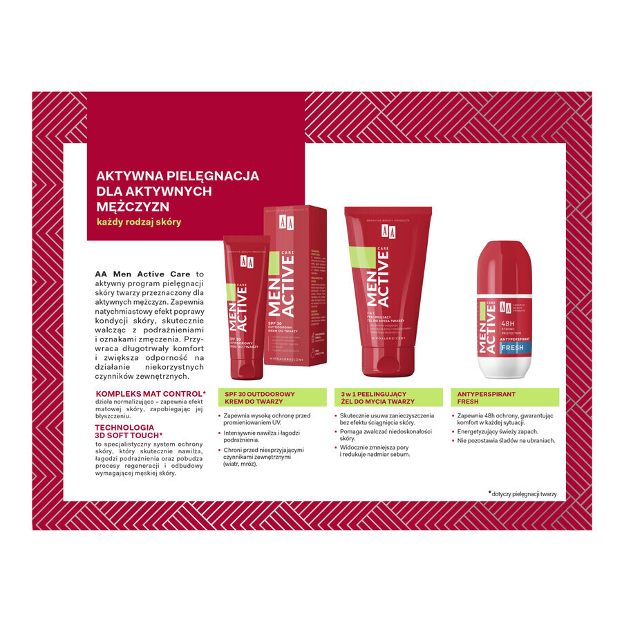 Set AA Men Active Care Programa Active Care, crema facial, SPF 30, 50 ml + gel lavacara, 150 ml + roll on antitranspirante, Fresh, 50 ml