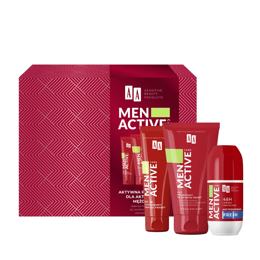 Set AA Men Active Care Programa Active Care, crema facial, SPF 30, 50 ml + gel lavacara, 150 ml + roll on antitranspirante, Fresh, 50 ml