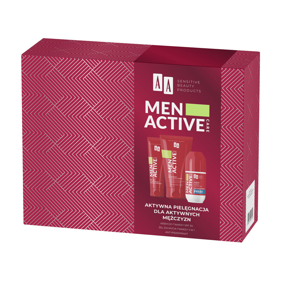 Set AA Men Active Care Programa Active Care, crema facial, SPF 30, 50 ml + gel lavacara, 150 ml + roll on antitranspirante, Fresh, 50 ml