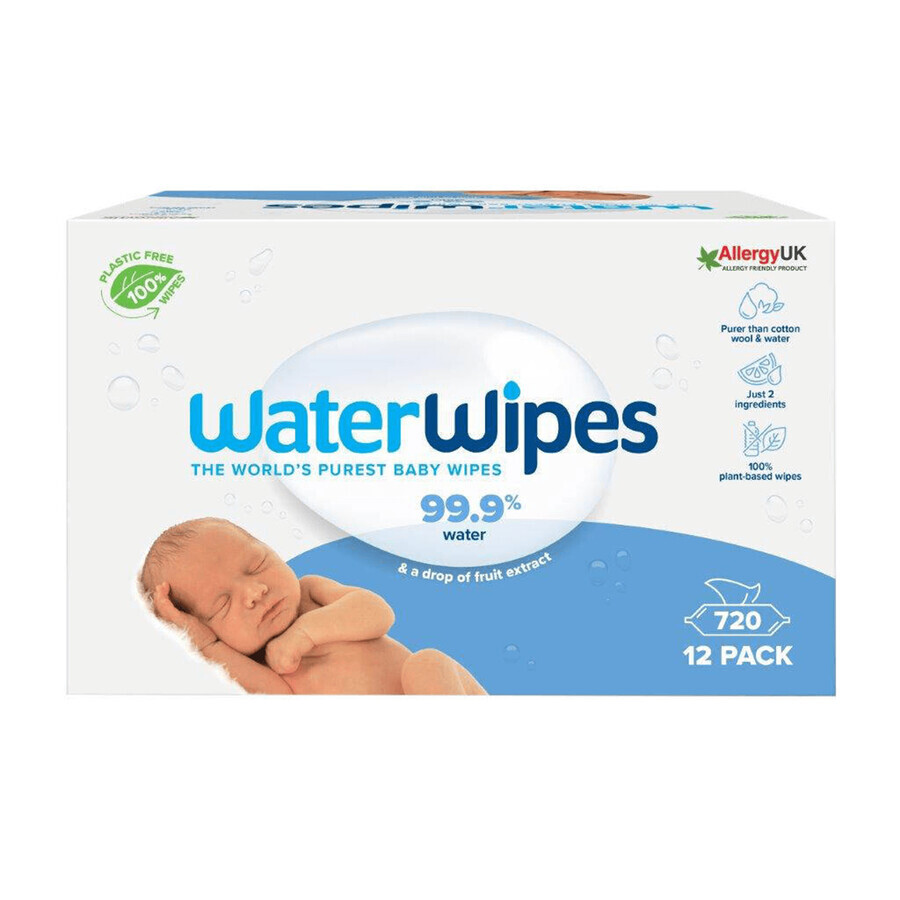 WaterWipes Bio, lingettes humides, eau, dès la naissance, 12 x 60 pcs