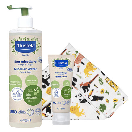 Mustela Bio set, eau micellaire, sans rinçage, 400 ml + crème à langer, 75 ml + couche en bambou, Safari, 1 gratuit