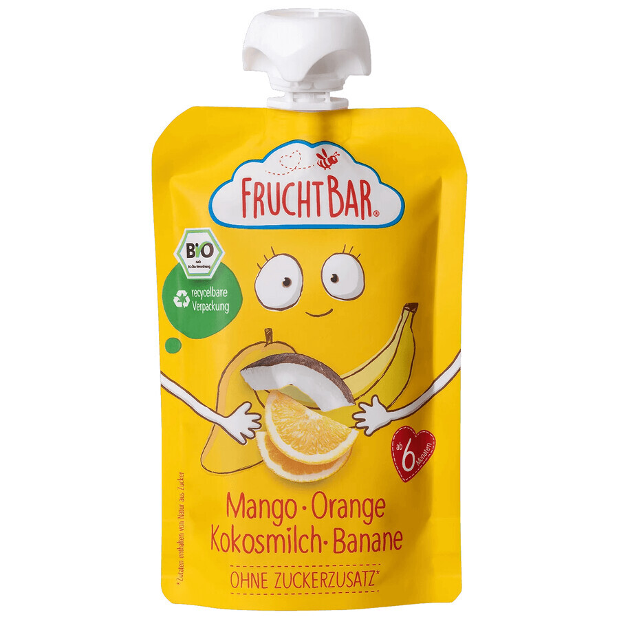 Fruchtbar Bio fruit mousse in a tube, mango, orange, banana, coconut milk, after 6 months, 100 g