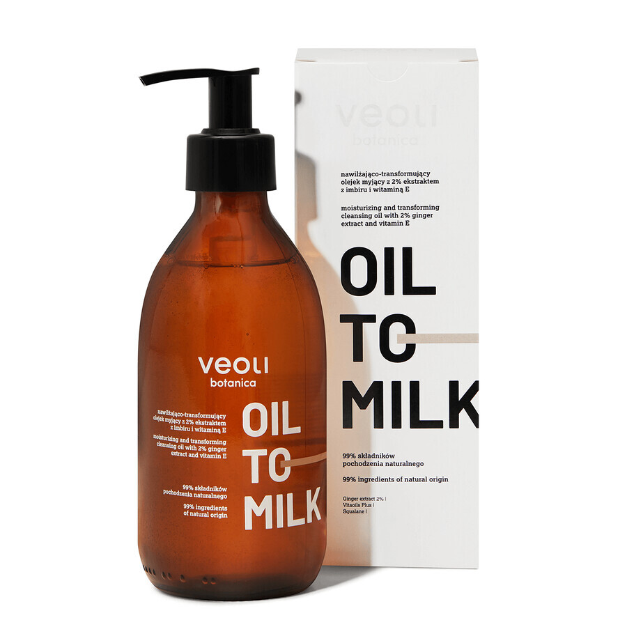 Veoli Botanica Oil to Milk, huile nettoyante hydratante et transformatrice avec 2% d'extrait de gingembre et de vitamine E, 290 ml