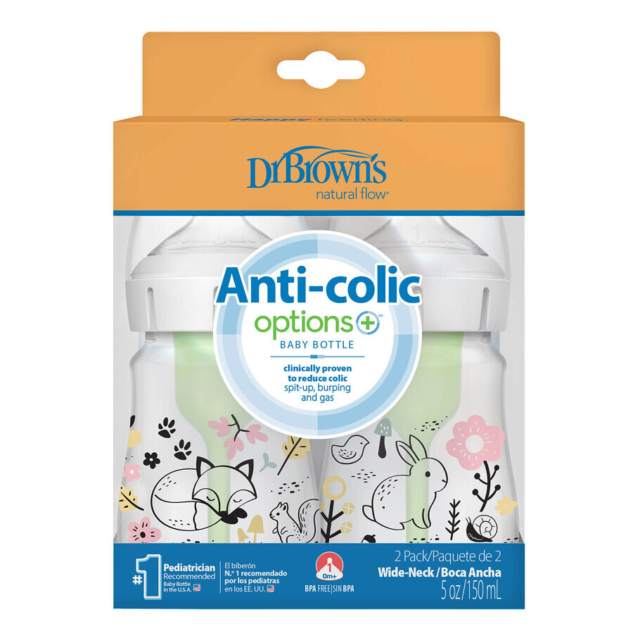 Dr. Brown Anti-colic Options+, Anti-Kolik-Flasche, weithalsig, Wald, 2 x 150 ml