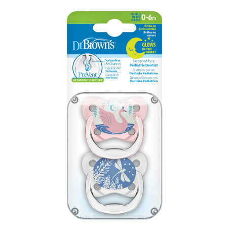 Dr Brown's PreVent, tétine, orthodontique, phosphorescente, rose, 0-6 mois, 2 pièces