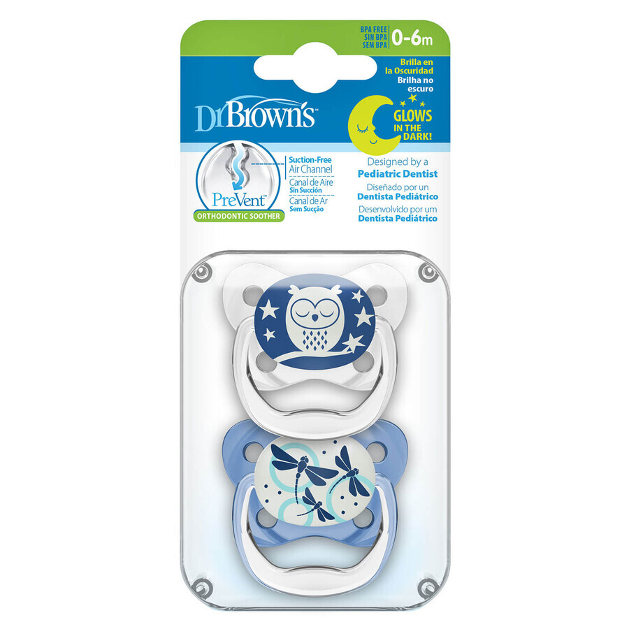 Dr Brown's PreVent, tétine, orthodontique, phosphorescente, bleue, 0-6 mois, 2 pièces