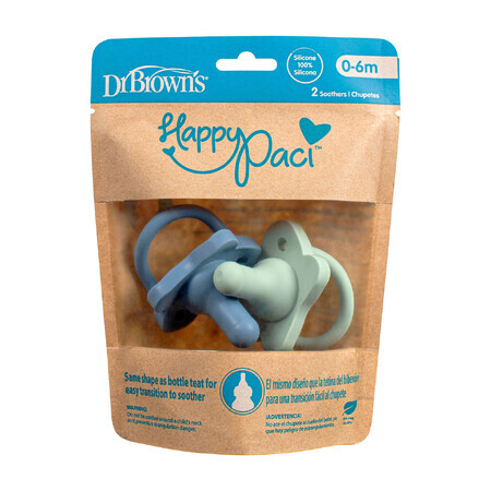 Dr Brown's Happy Paci, tétine de biberon en forme d'apaisement, silicone, bleu/vert, 0-6 mois, 2 pièces