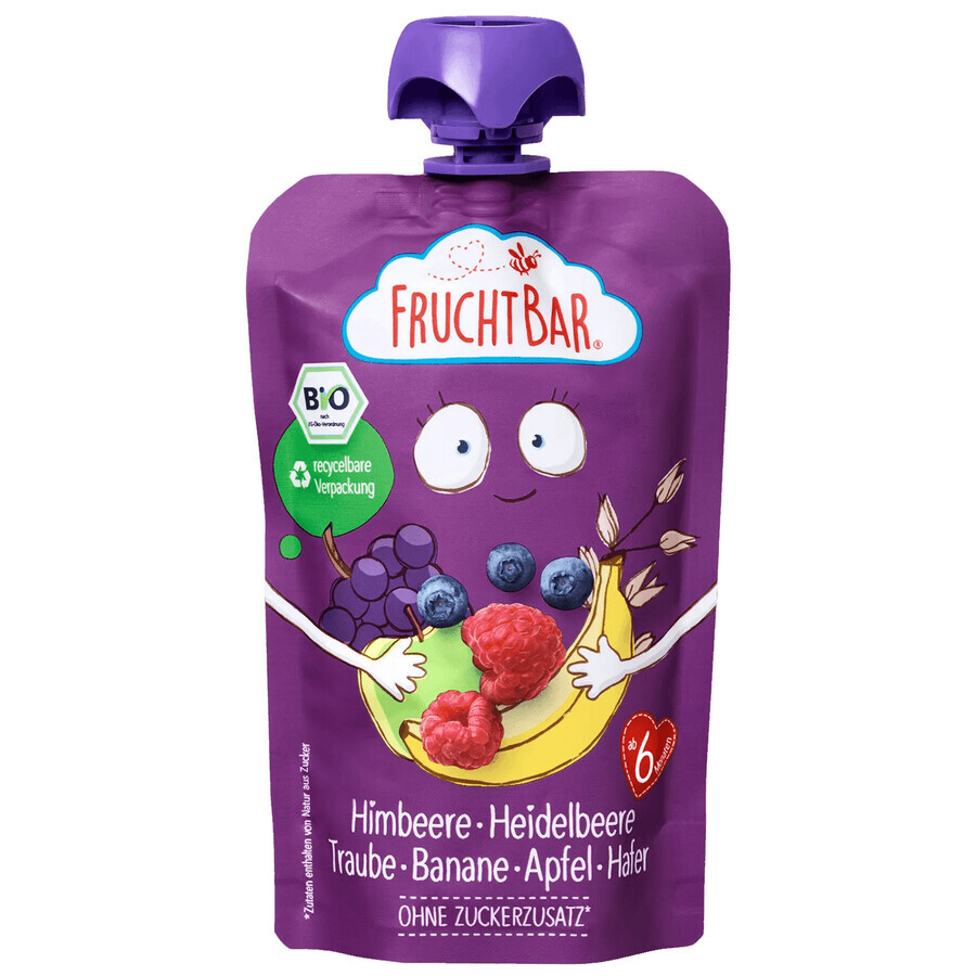 Fruchtbar Bio mousse de fruits avec grains en tube, framboise, myrtille, raisin, banane, pomme, avoine, après 6 mois, 100 g