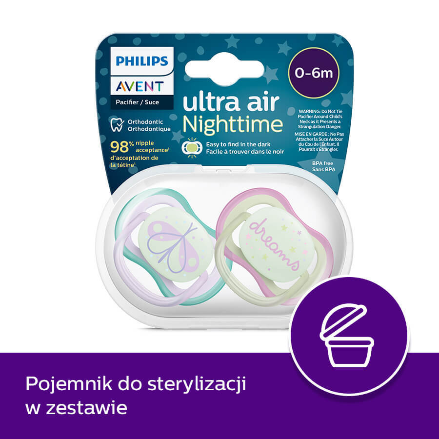 Avent Ultra Air Night, tétine, silicone, symétrique, phosphorescente, fille, SCF376/19, 0-6 mois, 2 pièces