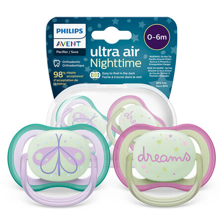 Avent Ultra Air Night, tétine, silicone, symétrique, phosphorescente, fille, SCF376/19, 0-6 mois, 2 pièces