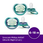 Avent Ultra Air Nighttime, tétine, silicone, symétrique, phosphorescente, garçon, SCF376/13, 6-18 mois, 2 pièces