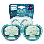 Avent Ultra Air Nighttime, tétine, silicone, symétrique, phosphorescente, garçon, SCF376/13, 6-18 mois, 2 pièces