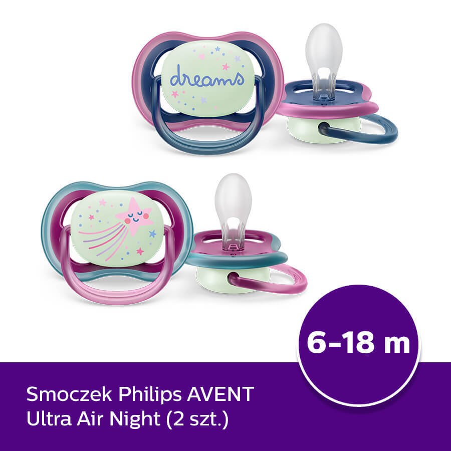 Avent Ultra Air Nighttime, chupete calmante, silicona, simétrico, brilla en la oscuridad, niña, SCF376/14, 6-18 meses, 2 piezas